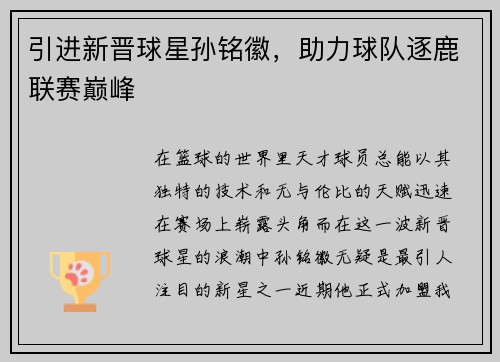 引进新晋球星孙铭徽，助力球队逐鹿联赛巅峰